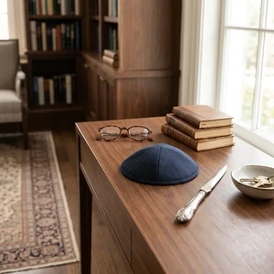 כיפה מבד כחול עם פסים | 17 ס״מ
