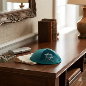 כיפה מקטיפה ירוקה עם ריקמת מגן דוד, גודל 4 | 19 ס״מ