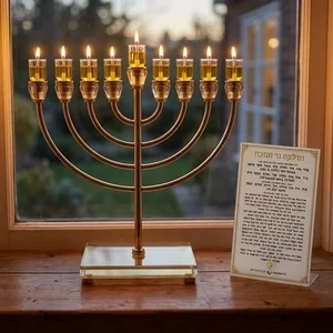 חנוכייה ״אור הזהב״ מתכת זהב עם קנים ובסיס קריסטל | 32 ס״מ