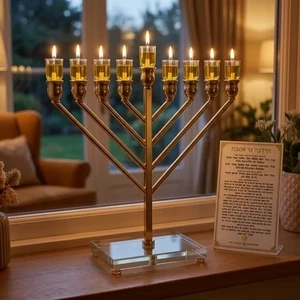 חנוכייה ״אור הזהב״ מתכת זהב עם קנים ובסיס קריסטל | 32 ס״מ