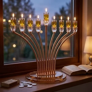 חנוכייה ״אור הזהב״ מתכת זהב עם קנים ובסיס קריסטל | 32 ס״מ
