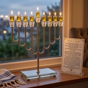 חנוכייה ״אור הזהב״ מתכת כסף עם קנים ובסיס קריסטל | 42 ס״מ