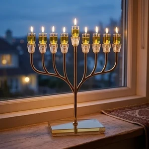 חנוכייה ״אור הזהב״ מתכת זהב עם קנים ובסיס קריסטל | 42 ס״מ