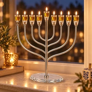 חנוכייה ״אור הזהב״ מתכת כסף עם קנים ובסיס קריסטל | 42 ס״מ