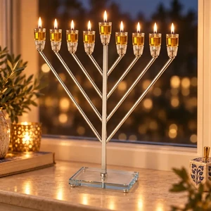 חנוכייה ״אור הזהב״ מתכת כסף עם קנים ובסיס קריסטל | 60 ס״מ