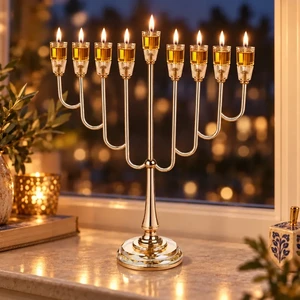 חנוכייה ״אור הזהב״ מתכת זהב עם קנים ובסיס קריסטל | 64 ס״מ