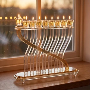 חנוכייה קריסטל זהב שקופה מהודרת | 29X36 ס״מ