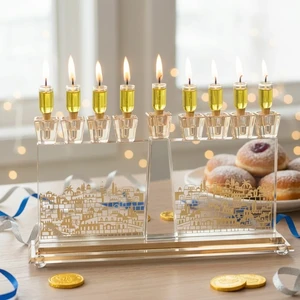 חנוכייה קריסטל מהודרת עם פלקטה | 17X30 ס״מ