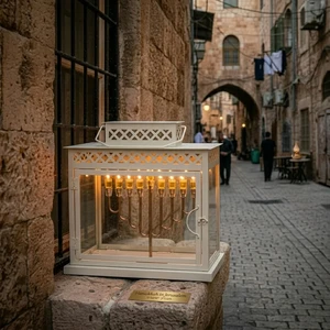 חנוכייה אלומיניום זכוכית לבנה מהודר בית | 40 ס״מ