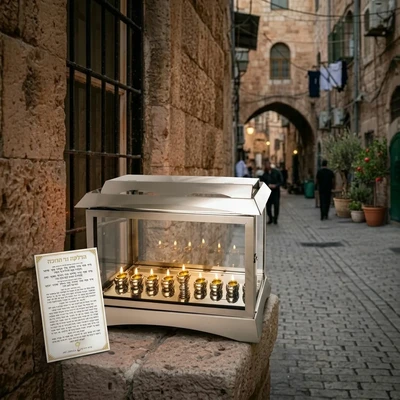 חנוכייה ״אור הזהב״ מתכת זכוכית מהודר עם בתי נר בית | 20X34X44 ס״מ