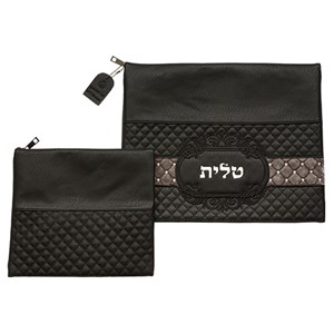 סט טלית תפילין דמוי עור שחור אותיות בולטות "טלית" כסף 36*29 ס"מ