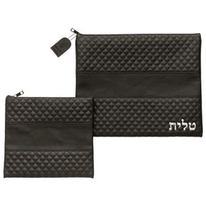 סט טלית תפילין דמוי עור שחור אותיות בולטות "טלית" כסף 36*29 ס"מ