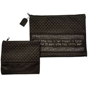 סט טלית תפילין דמוי עור שחור אותיות בולטות "ויברכך" כסף 36x29 ס"מ