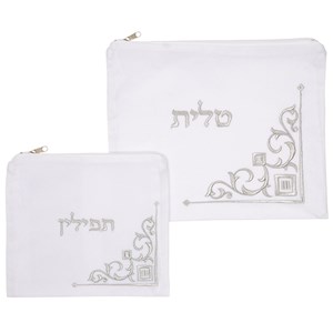 סט טלית תפילין קטיפה לבנה עם ריקמה 36*29 ס"מ