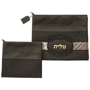 סט טלית תפילין דמוי עור שחור אותיות בולטות "טלית" זהב 36*29 ס"מ