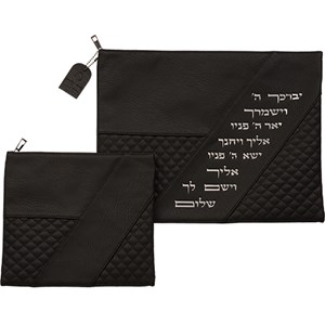 סט טלית תפילין דמוי עור שחור אותיות בולטות "יברכך" כסף 31*38 ס"מ