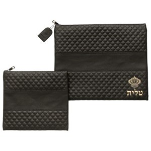 סט טלית תפילין דמוי עור שחור אותיות בולטות "כתר" זהב 36*29 ס"מ